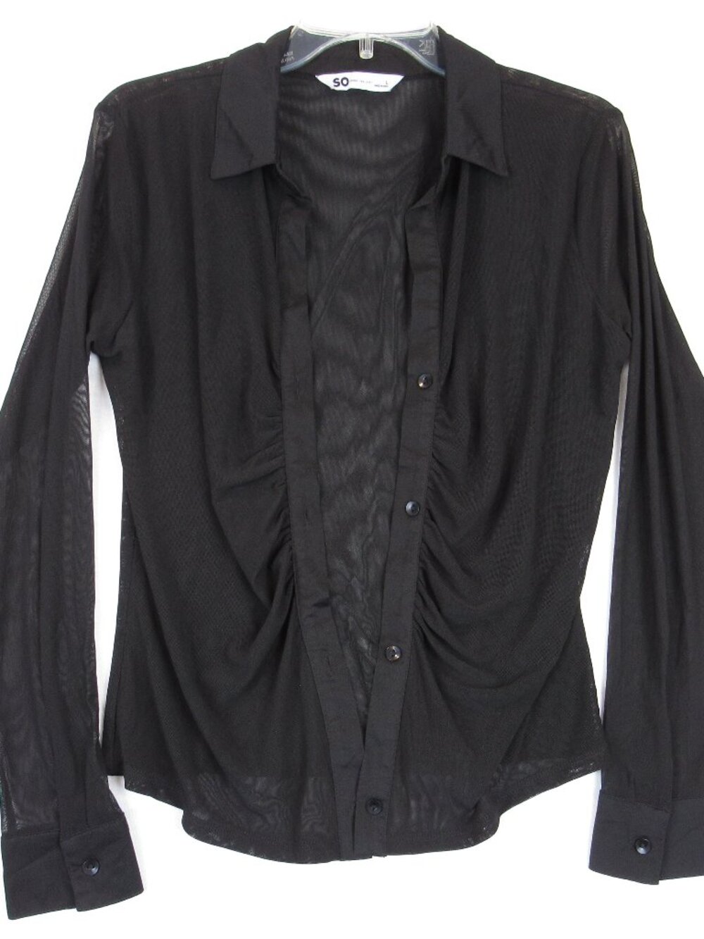 SO Black Mesh Top Junior's Size L Ruched Button Up Long Sleeve